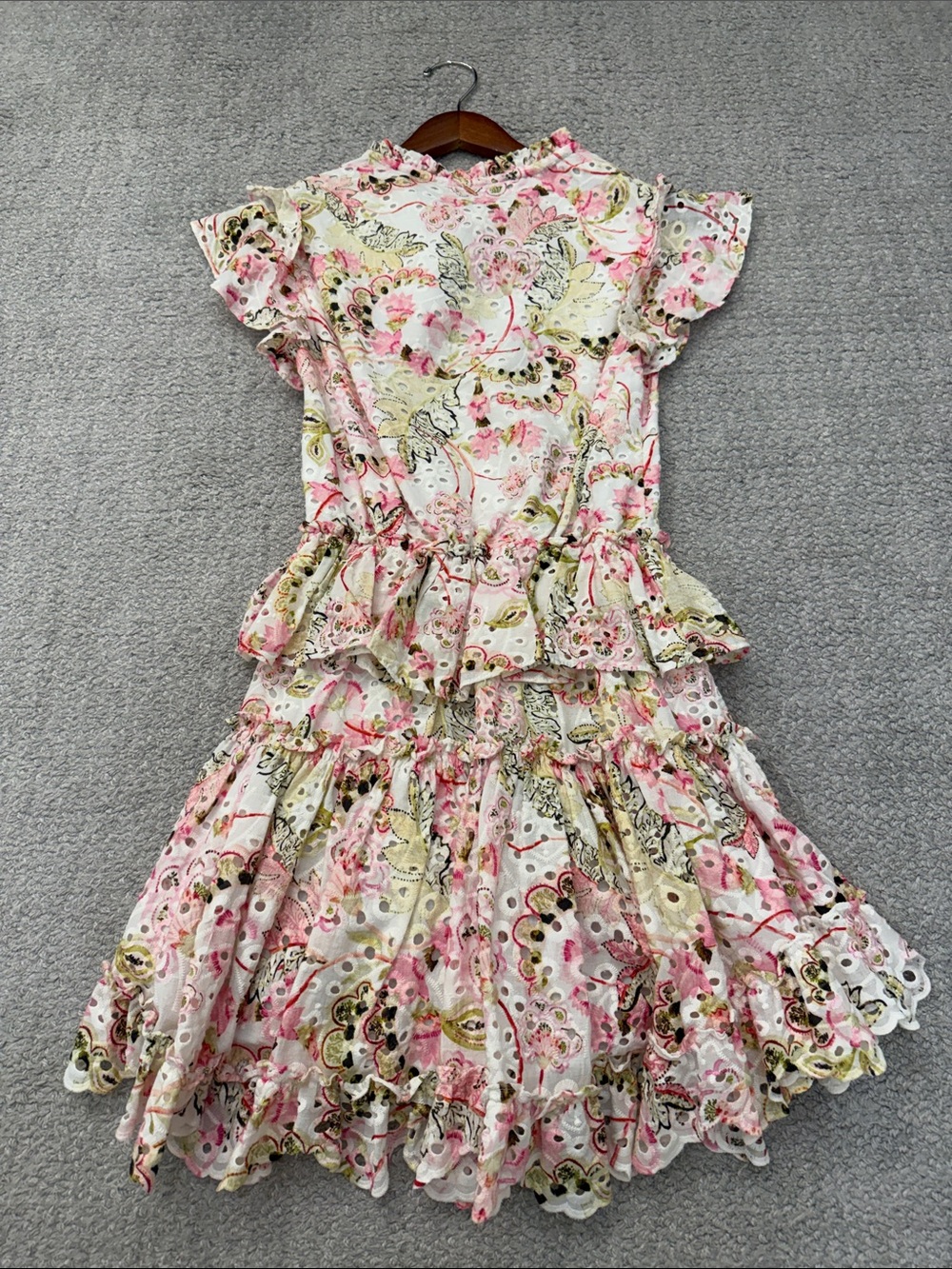 Misa Los Angeles Pink & Cream Floral Eyelet Tiered Mini Dress